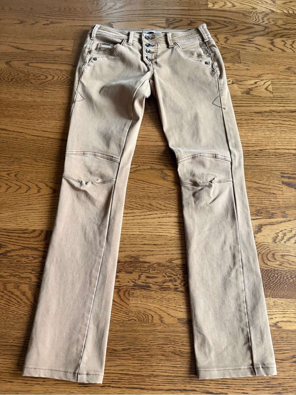 NILE Tan Moto Skinny Utility Pants XXS Articulated Knee Exposed Button Fly